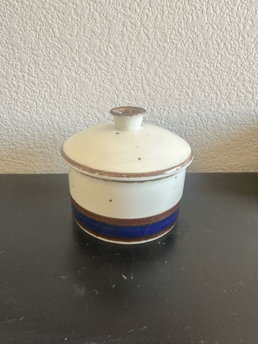 Dansk Ceramic Lidded Jar in White and Blue with Brown Trim